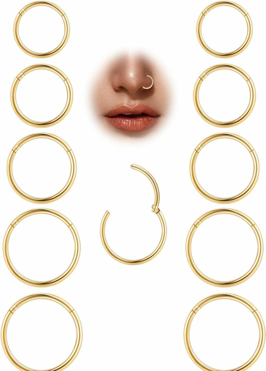 LOAYHOAY 10Pcs 18G 20G Surgical Steel Nose Rings Hoops For Women Men Hinged Seamless Clicker Nose Hoops Cartilage Helix Tragus Daith Sleeper Earrings Hoop Hypoallergenic Nose Piercing Jewelry 6/7/8/9/10Mm | Body Piercing Rings