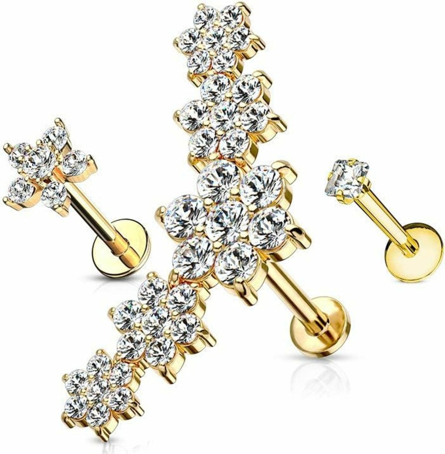 Amelia Fashion Amelia Fashion 16 Gauge 3 Pack Cz Flower Cluster, Cz Flower, And Prong Set Square Cz Labret Studs Tragus And Cartilage Internally Threaded 316L Surgical Steel (Choose Color) | Body Piercing Rings