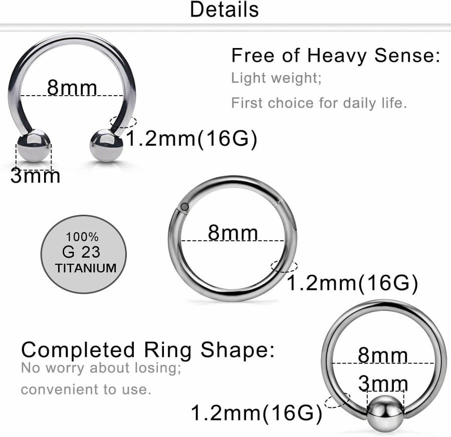 Dyknasz Dyknasz G23 Titanium 16G Septum Ring Nose Rings Hoop Helix Daith Cartilage Tragus Earrings Lip Body Piercing Jewelry For Women Men 8Mm 10Mm 12Mm | Body Piercing Rings