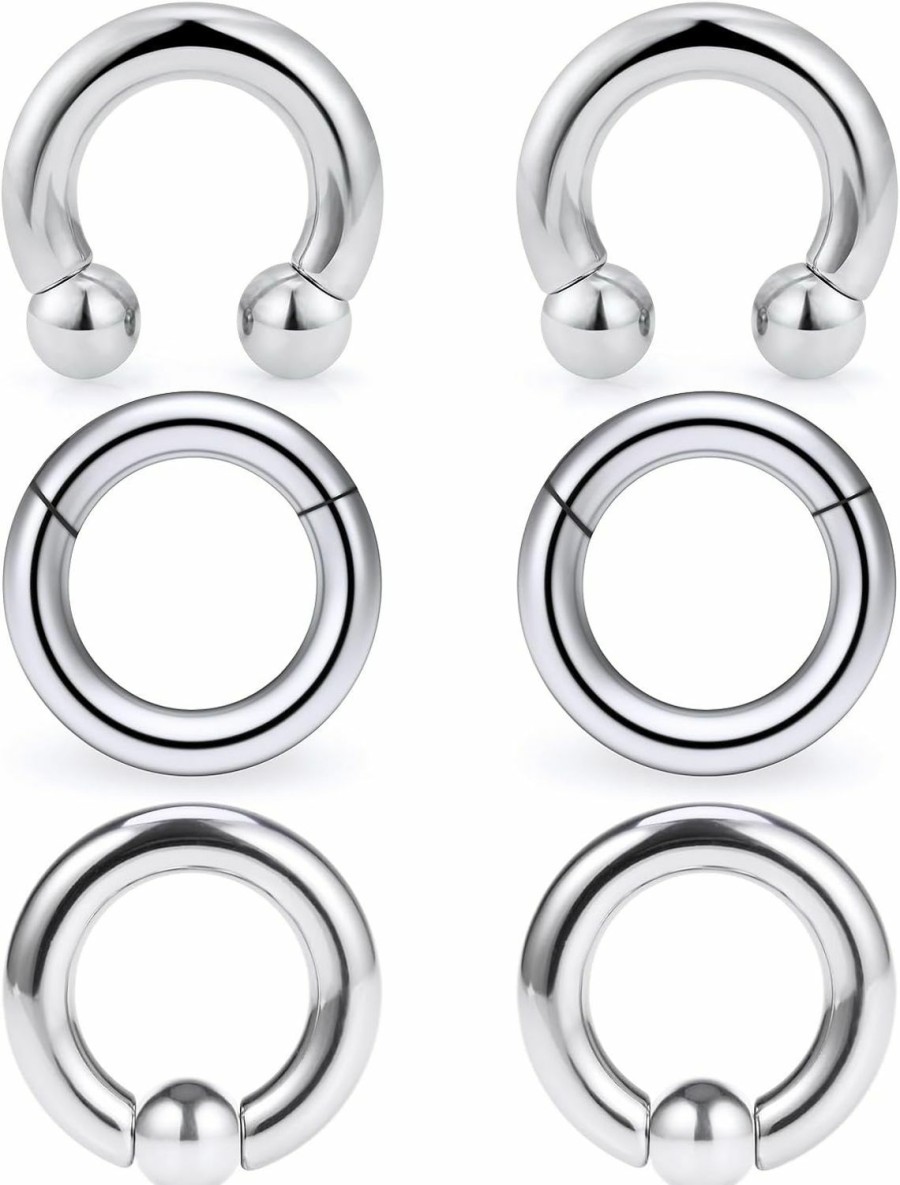 Kridzisw Ocptiy 6G 8G Large Septum Rings Silver Pa Ring Surgical Steel Heavy Hinged Clicker Gauges Earrings Stretching Kit Horseshoe Captive Bead Piercing Ring Thick Hoops Earrings For Women Men 12Mm 16Mm | Body Piercing Rings