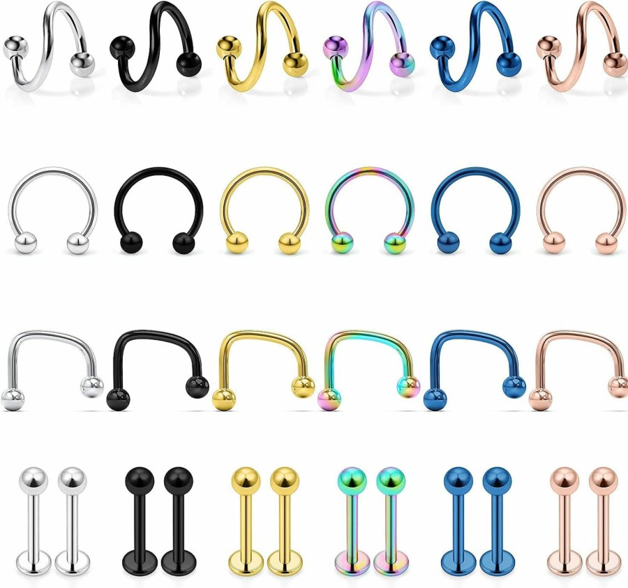 Ovxznts Ovxznts 30Pcs Assorted Design 16G Lip Rings Studs Medusa Piercing Jewelry Surgical Steel Monroe Labret Studs Tragus Earrings Hoop Horseshoe Septum Ring Twist Helix Daith Cartilage Piercings | Body Piercing Rings