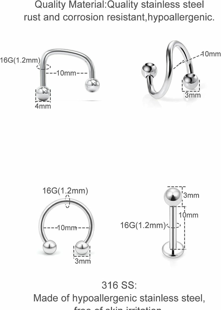 Ovxznts Ovxznts 30Pcs Assorted Design 16G Lip Rings Studs Medusa Piercing Jewelry Surgical Steel Monroe Labret Studs Tragus Earrings Hoop Horseshoe Septum Ring Twist Helix Daith Cartilage Piercings | Body Piercing Rings