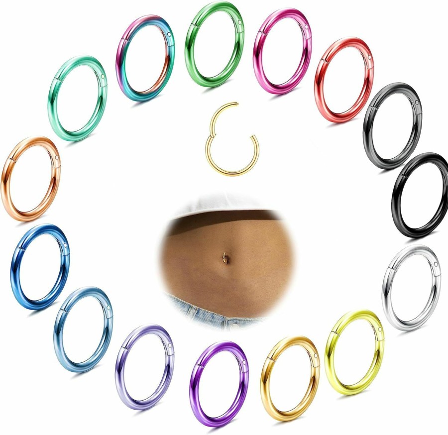 JOERICA Joerica 14G Belly Button Rings 316L Surgical Steel Belly Rings Hoop Colorful Navel Rings Hoop Clicker Segment Hinged Seamless Hoop Belly Piercing Jewelry 15Pcs 8Mm 10Mm 12Mm | Body Piercing Rings