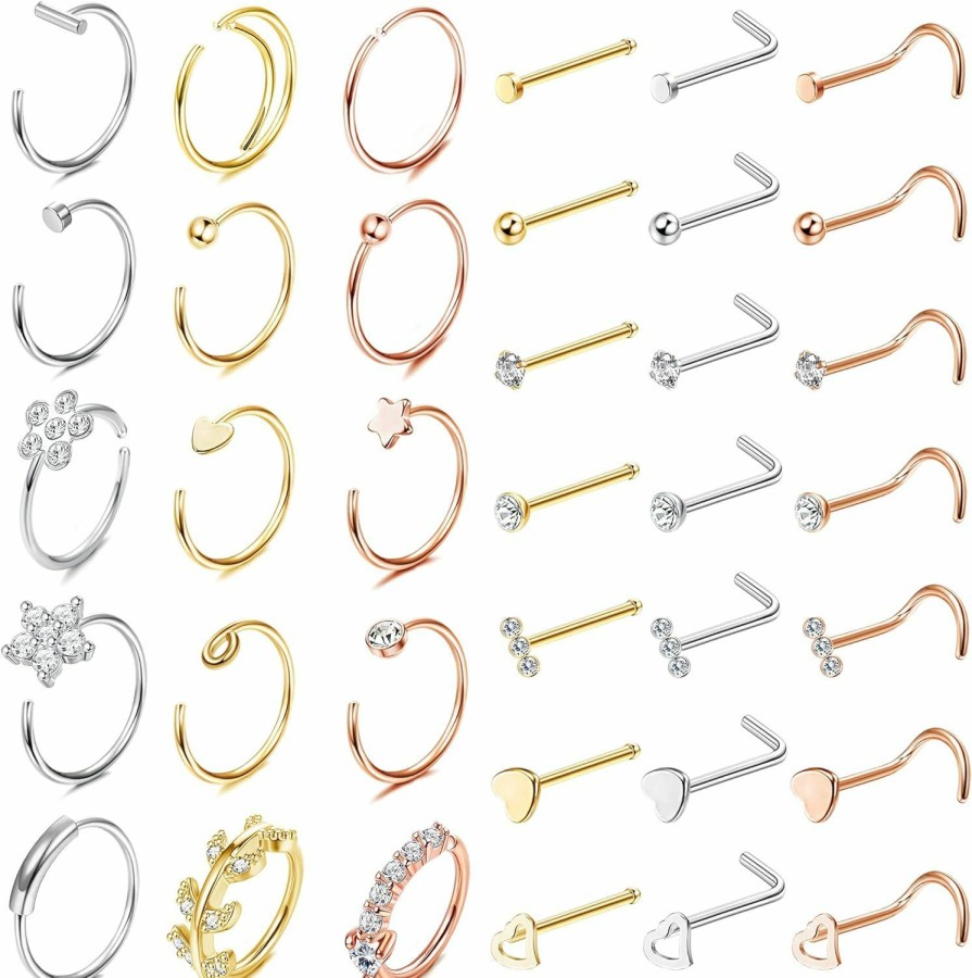 Drperfect Drperfect 36Pcs 20G Nose Rings Hoop L Shape Screw Bone Nose Studs Stainless Steel Nose Rings Nostril Piercing Jewelry Silver Gold Rose Gold Tone Set Body Jewelry For Women Men | Body Piercing Rings