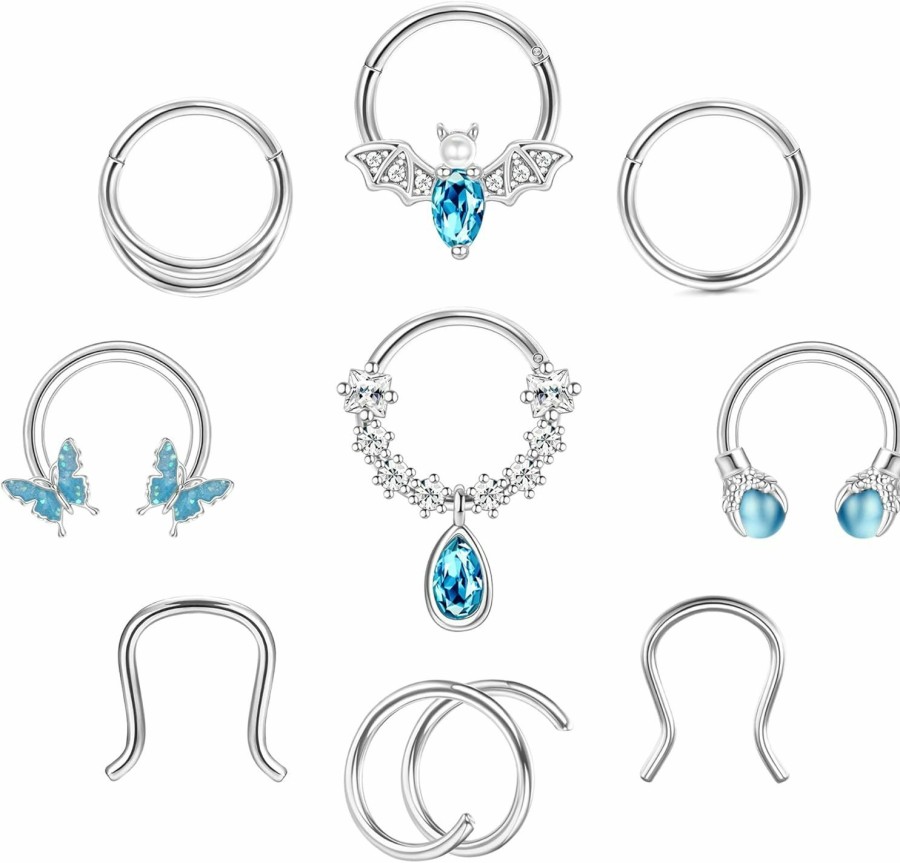 ZELORES Zelores 9Pcs 16G Septum Rings For Women Men Surgical Steel Clicker Septum Rings Horseshoe Daith Cartilage Helix Tragus Piercing Jewelry 10Mm Nose Hoop Ring Septum Piercing Jewelry | Body Piercing Rings