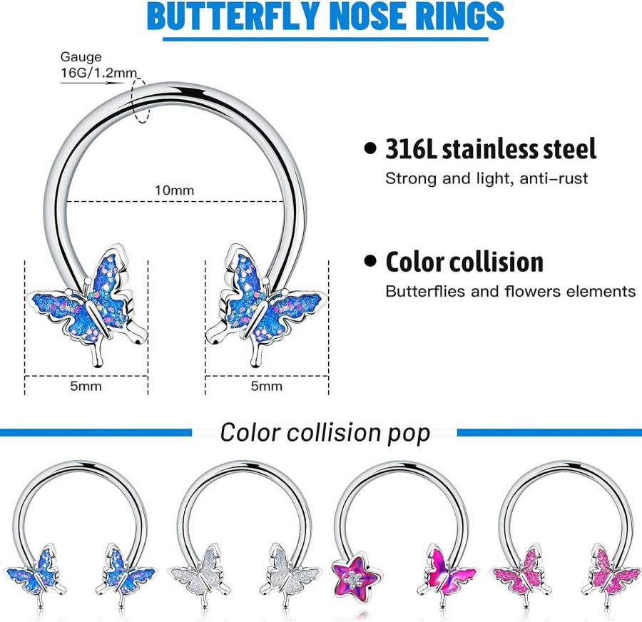 Hicarer Hicarer 4 Pieces Septum Ring Horseshoe Hoop Ring 16G Butterfly Nose Rings Earring Cartilage Earring Hoop Captive Bead Rings Tragus Daith Helix Piercing Body Jewelry For Women Man | Body Piercing Rings