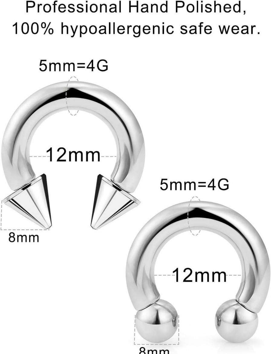 Ftovosyo Ftovosyo Pa Ring Internally Threaded Spike & Ball Circular Barbells Horseshoe Large Septum Ring Ear Gauges Earrings 2G 4G 6G 8G 10G 12Mm/16Mm 316L Surgical Steel Pierced Body Jewelry For Women Men | Body Piercing Rings