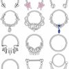 ONESING Onesing 12 Pcs Septum Rings 16G Septum Jewelry Surgical Steel Septum Piercing Jewelry Cz Butterfly Dangle Daith Cartilage Helix Horseshoe Nose Hoop Lip Rings Silver Septum Rings For Women | Body Piercing Rings