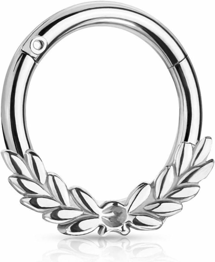 Pierced Owl Pierced Owl - 16Ga Stainless Steel Laurel Leaves Front Septum Cartilage Helix Daith Hinged Segment Clicker Ring | Body Piercing Rings