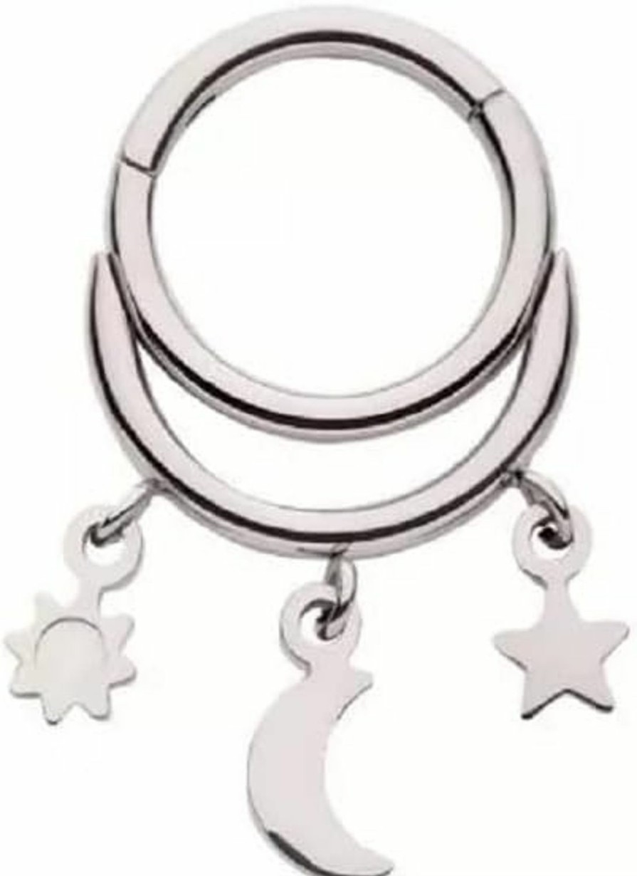 Pierced Owl Pierced Owl 16Ga 316L Stainless Steel Double Hoop With Sun, Star And Crescent Moon Dangling Charms Hinged Segment Clicker Ring | Body Piercing Rings