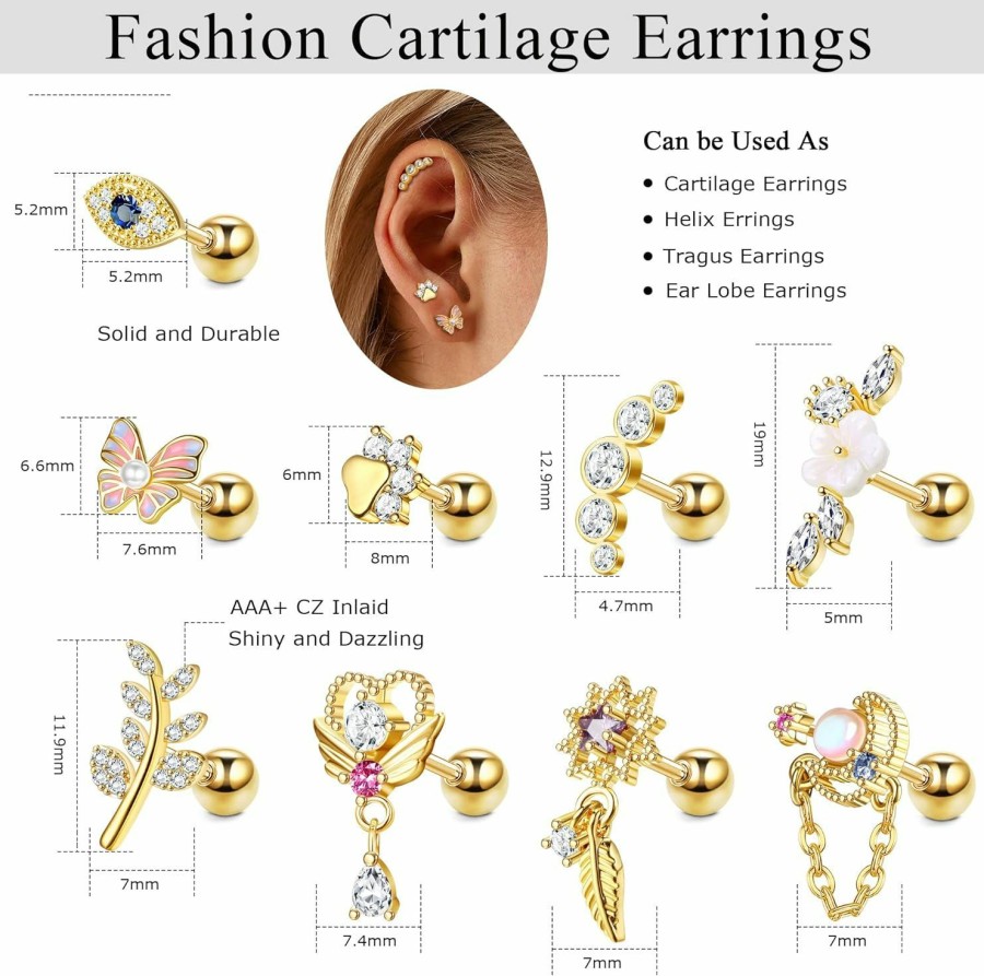 FIBO STEEL Fibo Steel 9 Pcs 16G Cartilage Earring For Women Helix Piercing Jewelry Tragus Piercing Jewelry Gold Conch Piercing Jewelry Cz Cartilage Earrings Stud Flower Heart Leaf Evil Eye Paw Print Piercing | Body Piercing Rings