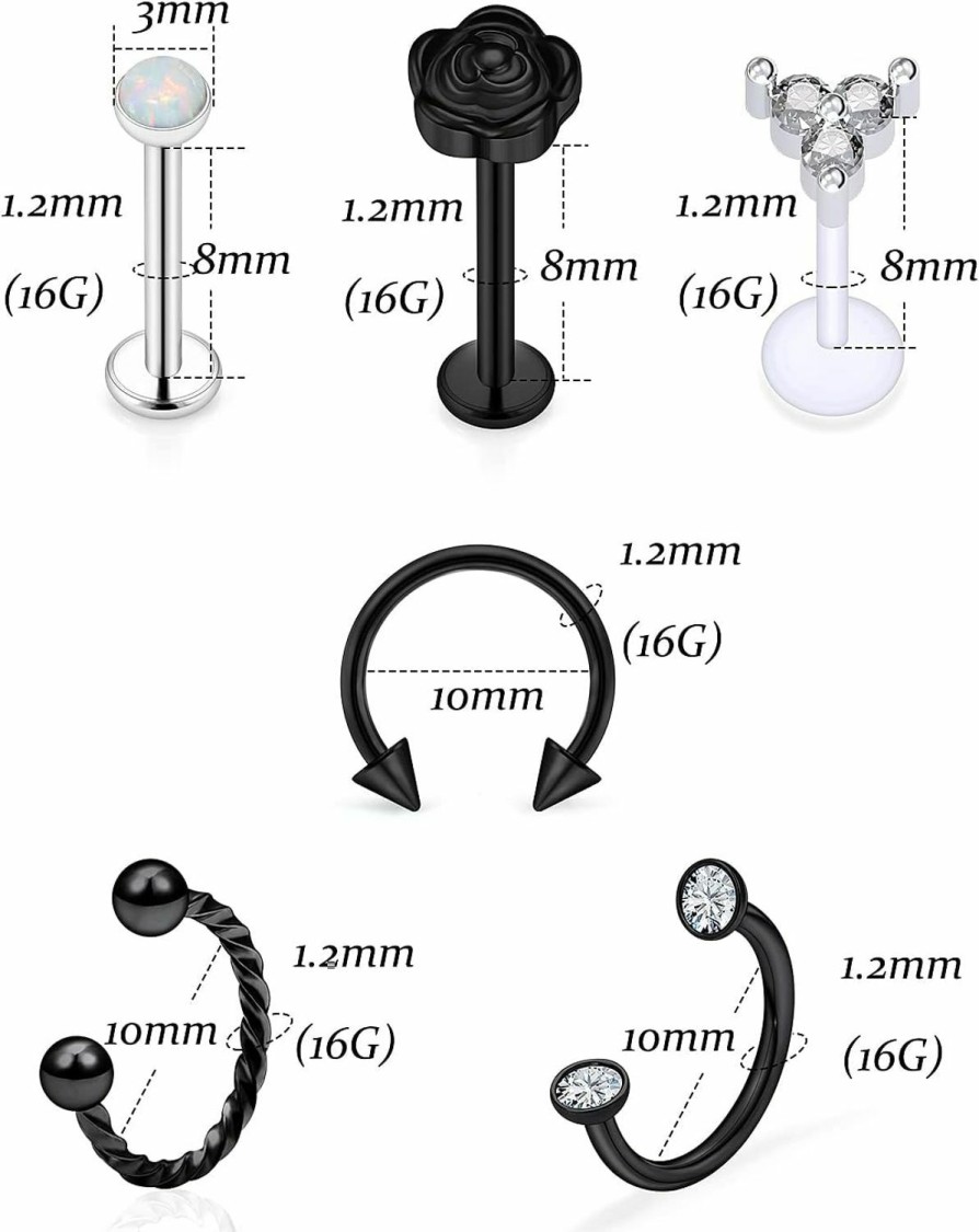 Vsnnsns Vsnnsns 16G Lip Rings Stainless Steel Opal Horseshoe Labret Monroe Lip Rings Nail Cartilage Tragus Helix Earrings Studs Septum Ring Medusa Piercing Jewelry Retainer 8Mm 26Pcs | Body Piercing Rings