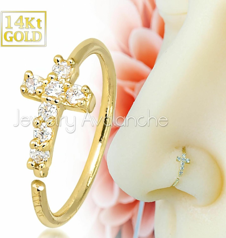 Jewelry Avalanche Jewelry Avalanche 20G 14K Yellow Gold Cross Cz Nose Hoop Ring Twist-Open 5/16\"(8Mm) Nose Ring, Uni, Diamond Simulated Stones 14Knhcrs-Czyg | Body Piercing Rings