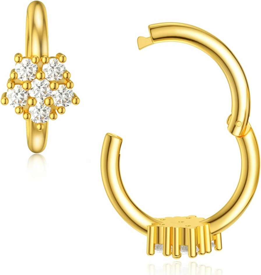 SISGEM Sisgem 14K Real Gold Flower Nose Ring With Sparkly Cubic Zirconia,1 Pc Yellow Gold Small Hoop Earring Nose Ring Fine Jewelry Gift For Mother'S Day Birthday,18 Gauge(2 In 1) | Body Piercing Rings