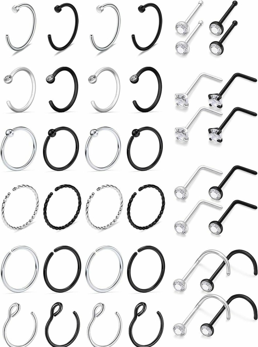 Lcolyoli Lcolyoli Nose Rings Hoop 20G Surgical Stainless Steel Septum Ring L Shape Nose Studs Screw C Shape High Nostril Piercing Jewelry Pack For Women Men 40 Pieces | Body Piercing Rings