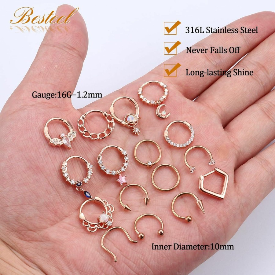 Besteel Besteel 16 Pcs Gold Septum Rings 16G Surgical Steel Nose Rings Hoops Small Cz Dangle Horseshoe Septum Clicker Piercing Jewelry Cute Lip Helix Daith Tragus Cartilage Earrings For Women Men 10Mm Black | Body Piercing Rings