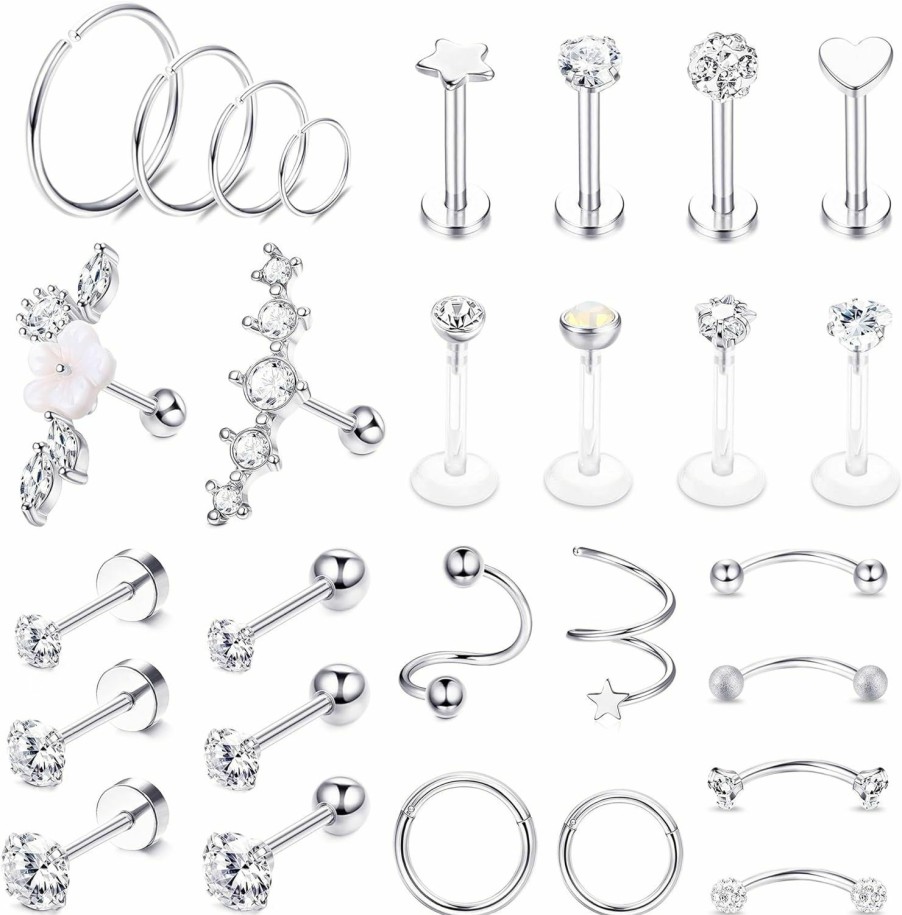 YADOCA Yadoca 28Pcs 16G Tragus Helix Piercing Earrings Surgical Steel Piercing Cartilage Earrings For Women Hoop Earrings Piercing Helix Septum Couch Daith Cz Barbell Lip Piercing Jewellery Silver/Gold | Body Piercing Rings