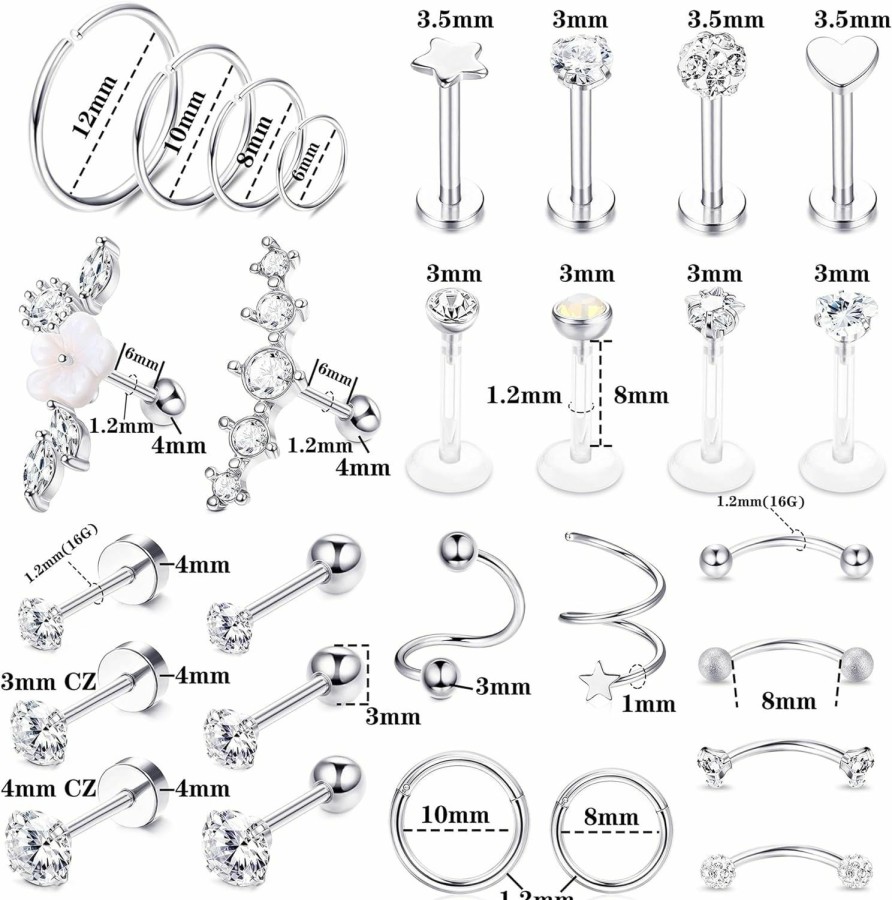 YADOCA Yadoca 28Pcs 16G Tragus Helix Piercing Earrings Surgical Steel Piercing Cartilage Earrings For Women Hoop Earrings Piercing Helix Septum Couch Daith Cz Barbell Lip Piercing Jewellery Silver/Gold | Body Piercing Rings