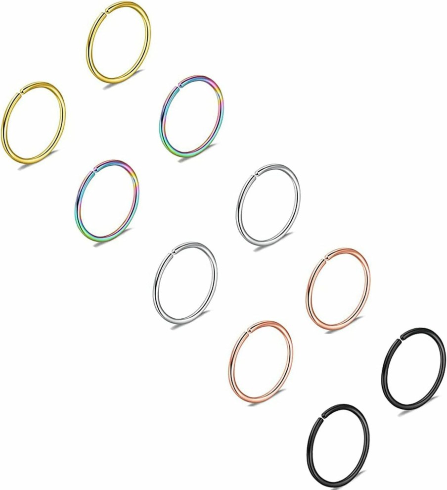 BQfife 5 Pairs Nose Rings Hoop 20 Gauge Non Piercing Stainless Steel Clip-On Fake Septum Nose Hoop Ring Studs Earrings Piercings For Women Men Body Jewelry | Body Piercing Rings