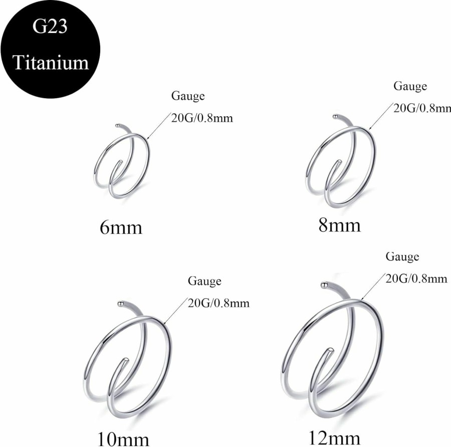 SQKXKLCZ Sqkxklcz 4Pcs/8Pcs G23 Titanium 20G Double Hoop 6Mm 8Mm 10Mm 12Mm Twist Nose Ring For Single Piercing Spiral Nose Rings Hoops For Women Nose Piercing | Body Piercing Rings