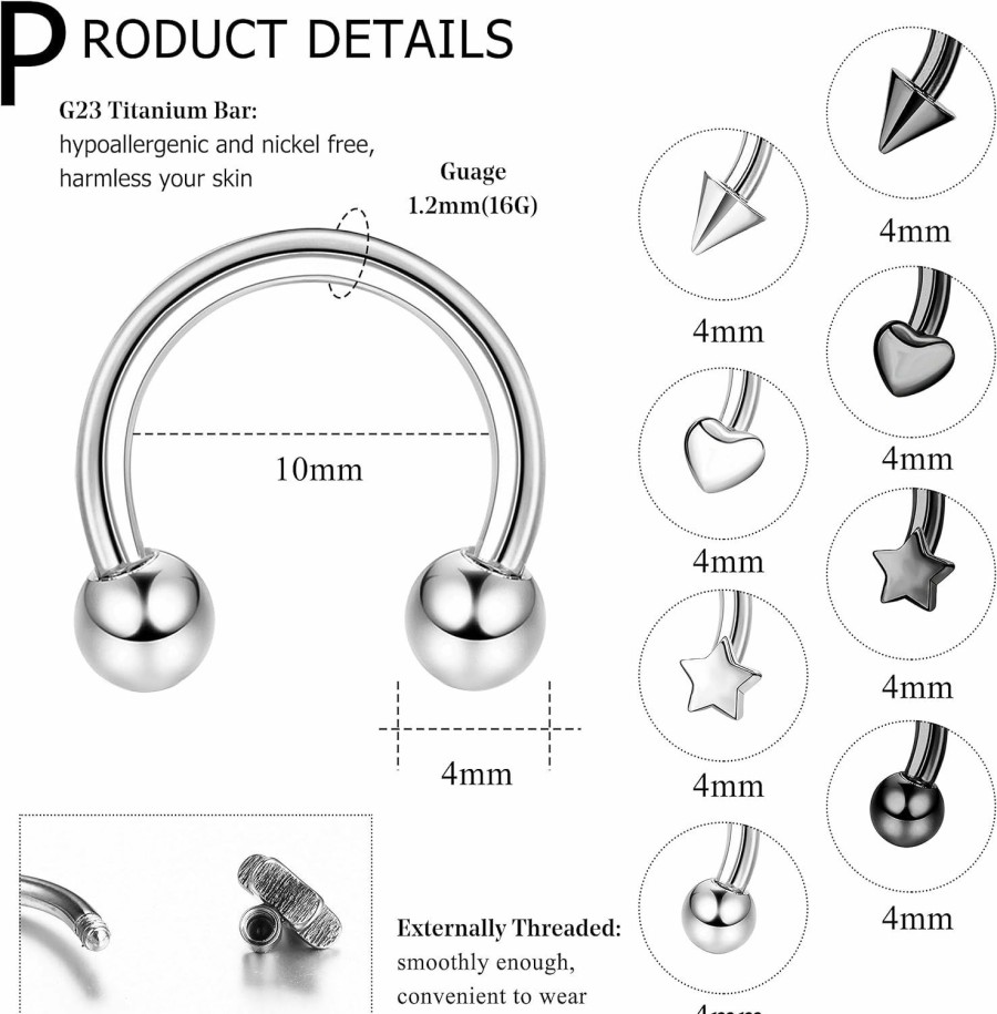 THUNARAZ Thunaraz 16G G23 Titanium Horseshoe Septum Rings For Women Men Horseshoe Nose Rings Hoop Helix Cartilage Tragus Earrings Eyebrow Lip Navel Belly Septum Nipple Piercing Ring 6-12Mm | Body Piercing Rings