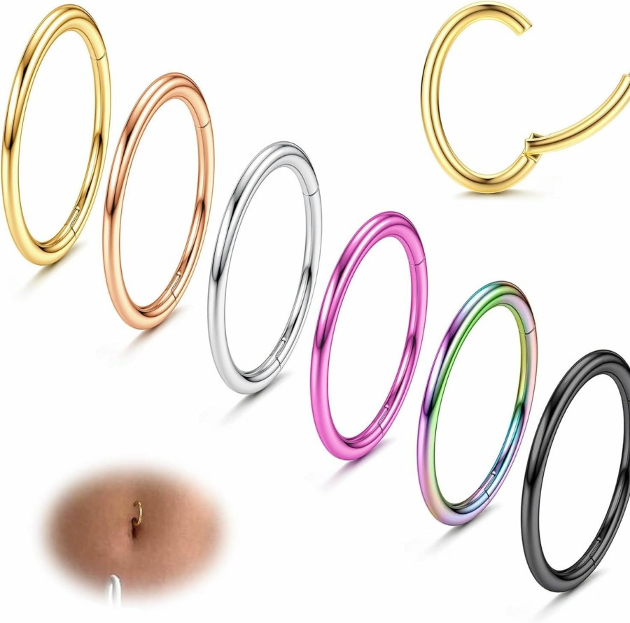 FIBO STEEL Fibo Steel 6Pcs 14G New Oval Belly Button Ring 316L Surgical Steel Belly Hoop Ring Colored Navel Rings Clicker Segment Belly Piercing Jewelry | Body Piercing Rings