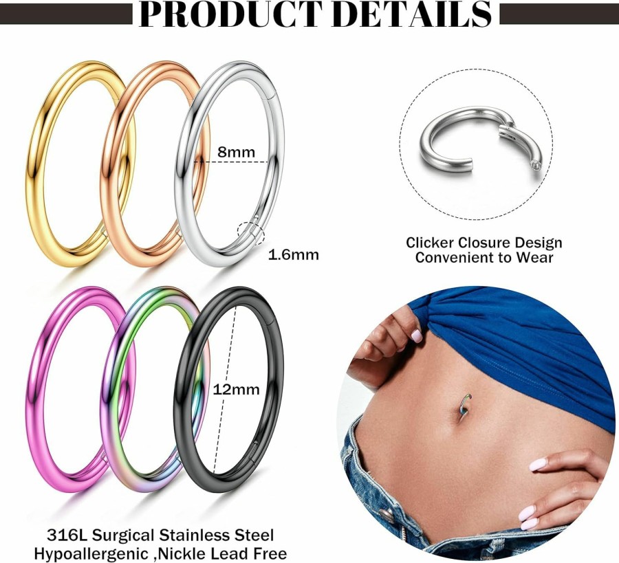 FIBO STEEL Fibo Steel 6Pcs 14G New Oval Belly Button Ring 316L Surgical Steel Belly Hoop Ring Colored Navel Rings Clicker Segment Belly Piercing Jewelry | Body Piercing Rings