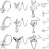 ORAZIO Orazio 15Pcs Dangle Nose Rings For Women Surgical Stainless Steel L Shaped Dangling Nose Rings Studs 20G Double Nose Ring For Single Piercing Cz Butterfly Nose Hoops Nose Piercing Jewelry With Charm | Body Piercing Rings