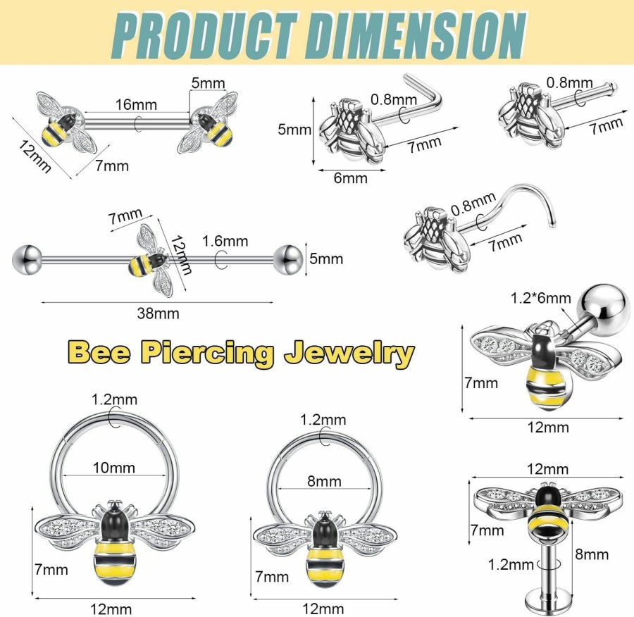 BodyAce Bodyace Bee Septum Nose Rings Hoops, Butterfly Nose Cuff Small Nose Studs, Surgical Steel Tragus Lip Ring Industrial Earrings Nipple Piercing Jewelry | Body Piercing Rings