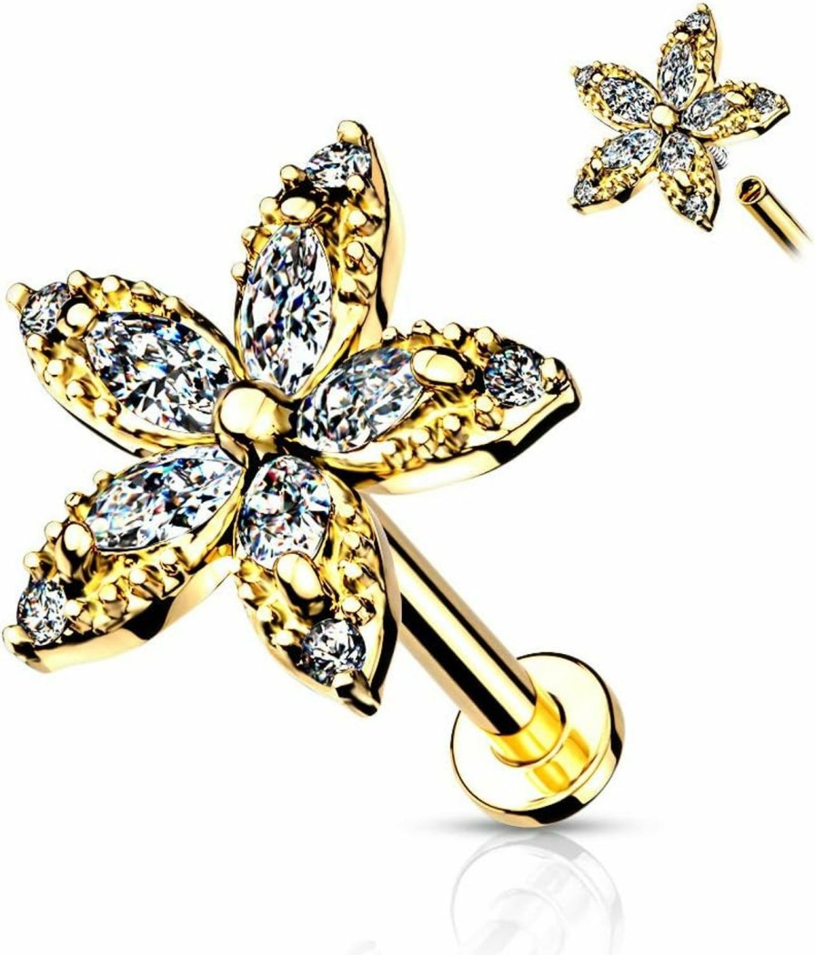 Amelia Fashion Amelia Fashion 16 Gauge Marquise Cz Flower Top Internally Threaded Flat Back Studs For Labret, Monroe, Cartilage, And More 316L Surgical Steel (Choose Color) | Body Piercing Rings