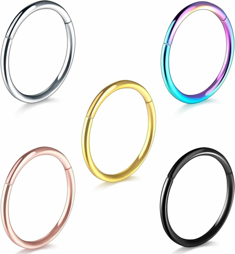 Generic 5Pcs 316L Surgical Steel Hinged Nose Ring 20G 18G 16G Septum Clicker Nose Hoop Rings Tragus Septum Cartilage Hoop Earrings 6/7/8/9/10Mm | Body Piercing Rings