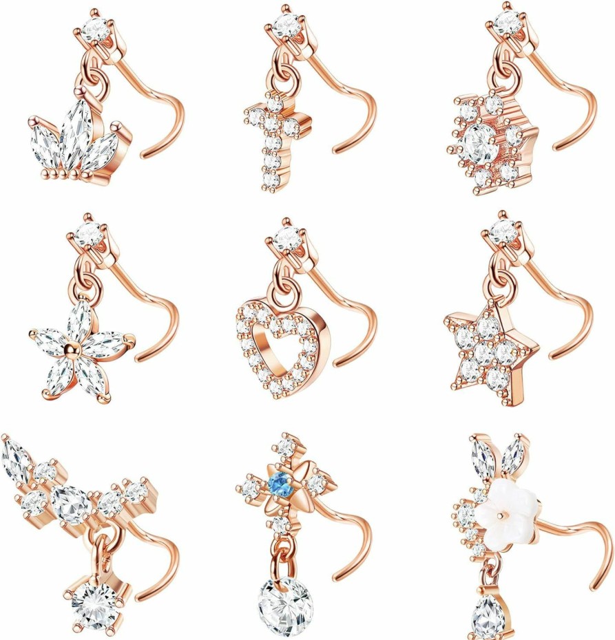 ORAZIO Orazio 9 Pcs Dangle Nose Rings L Shaped For Women 20G Stainless Steel Nose Rings Studs Cz Cross Crown Flower Heart Dangling Nose Rings Piercing Jewelry | Body Piercing Rings