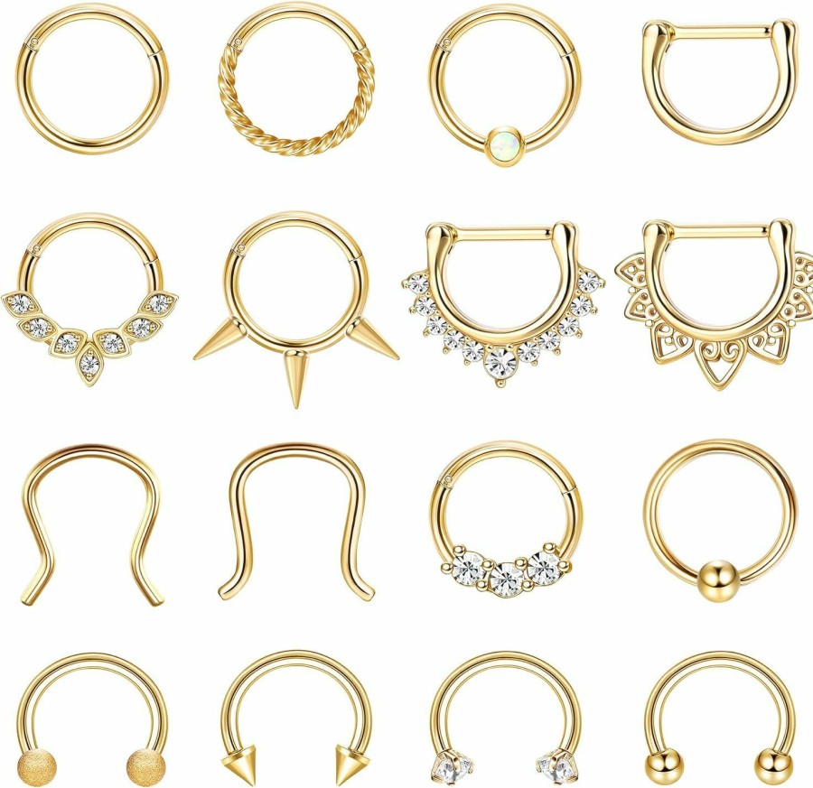 YADOCA Yadoca 16Pcs 16G Septum Rings Septum Jewelry Stainless Steel Septum Clicker Nose Rings Hoops For Women Men Horseshoe Daith Helix Tragus Cartilage Earrings Piercing Jewelry Gold Silver Black Tone 8Mm | Body Piercing Rings