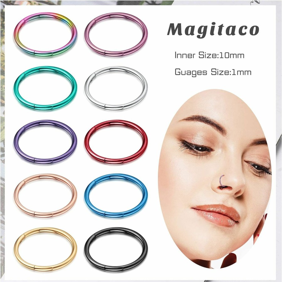 Magitaco Magitaco 10 Pcs 16G 18G Septum Rings 316L Stainless Steel Hinged Segment Ring Lip Rings Cartilage Helix Conch Tragus Daith Piercing Septum Clicker Nose Rings Hoop | Body Piercing Rings