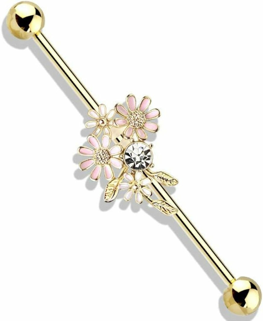 Amelia Fashion Amelia Fashion 14 Gauge Cz And Enamel Flower Bouquet Industrial Barbell 316L Surgical Stainelss Steel (Choose Color) | Body Piercing Rings