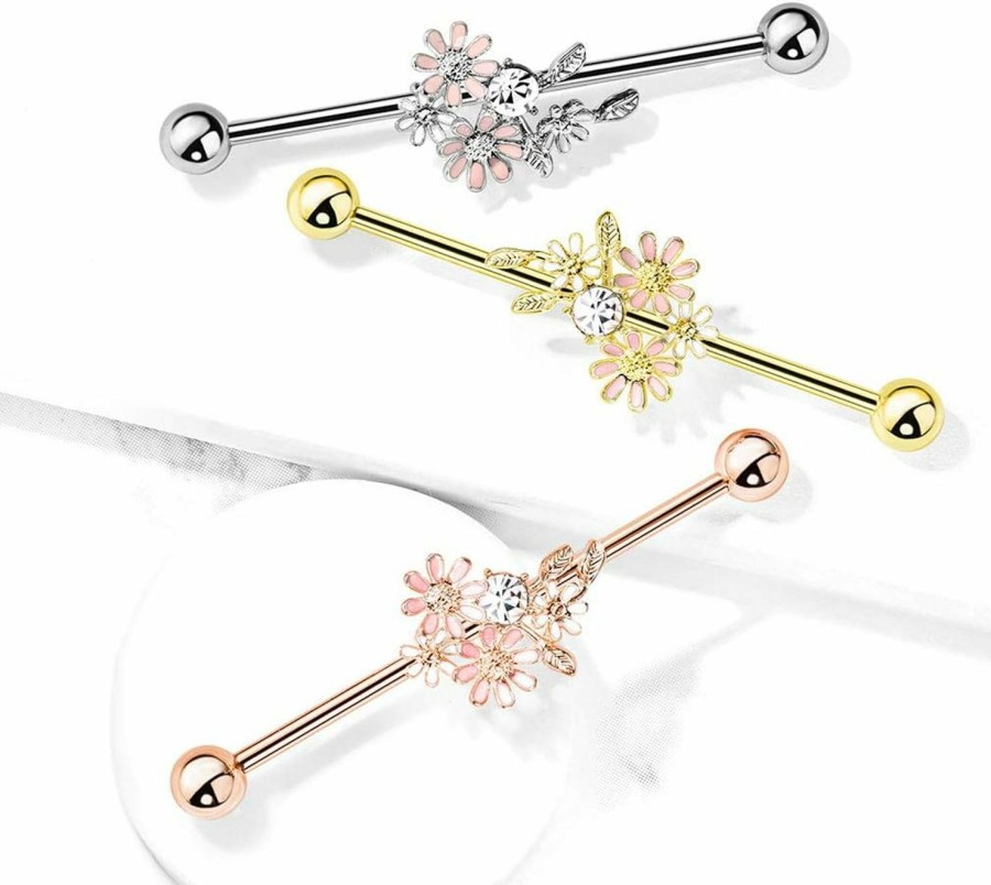 Amelia Fashion Amelia Fashion 14 Gauge Cz And Enamel Flower Bouquet Industrial Barbell 316L Surgical Stainelss Steel (Choose Color) | Body Piercing Rings