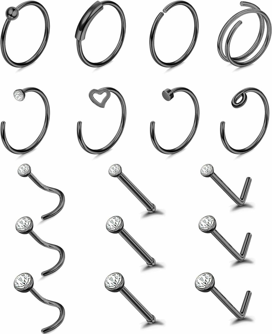 LOLIAS Lolias 17Pcs G23 Titanium Nose Ring Studs 20G Pure Titanium Nose Rings Hoop Studs For Women Men 1.5Mm 2Mm 2.5Mm Cz Heart L Shaped Hypoallergenic Titanium Nose Piercing Jewelry For Sensitive Skin | Body Piercing Rings