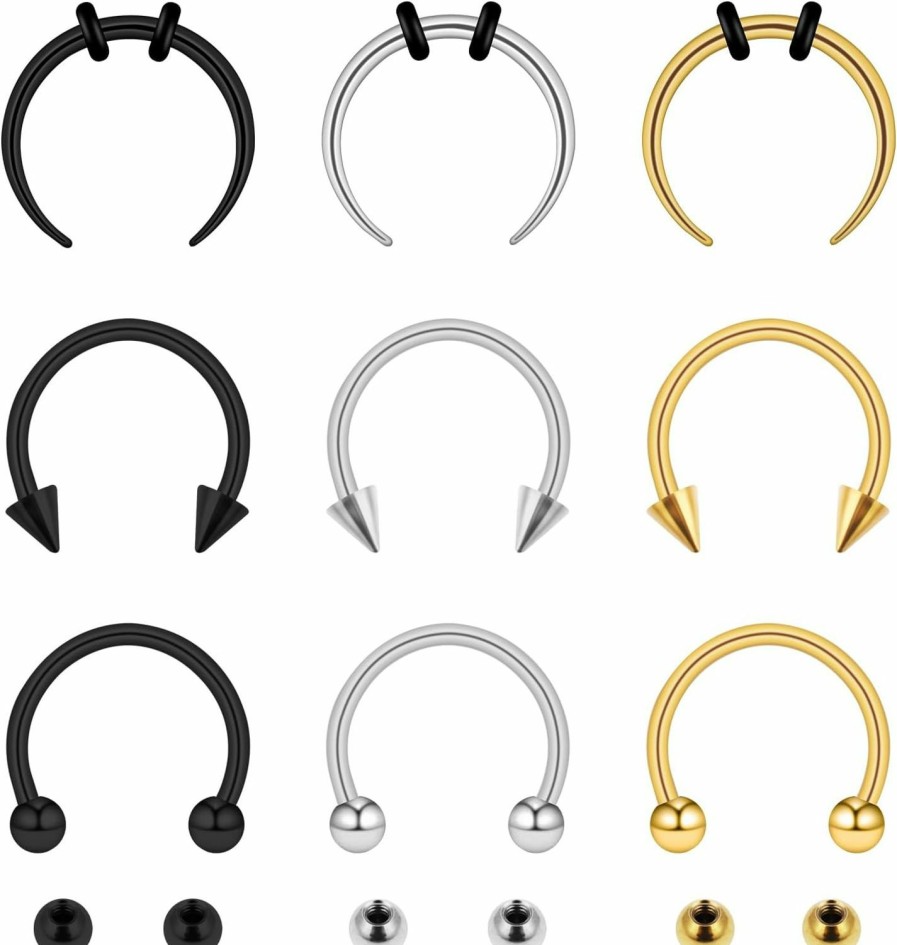 Yolev Yolev 9Pcs Stainless Steel Nose Ring Hoop Nose Piercing Jewelry Septum Rings Septum Jewelry 16G 18G Septum Ring Septum Piercing Horseshoe Earring Hoop Lip Ring Silver Black Gold | Body Piercing Rings