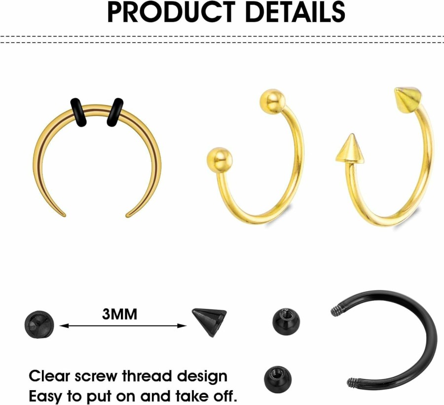 Yolev Yolev 9Pcs Stainless Steel Nose Ring Hoop Nose Piercing Jewelry Septum Rings Septum Jewelry 16G 18G Septum Ring Septum Piercing Horseshoe Earring Hoop Lip Ring Silver Black Gold | Body Piercing Rings