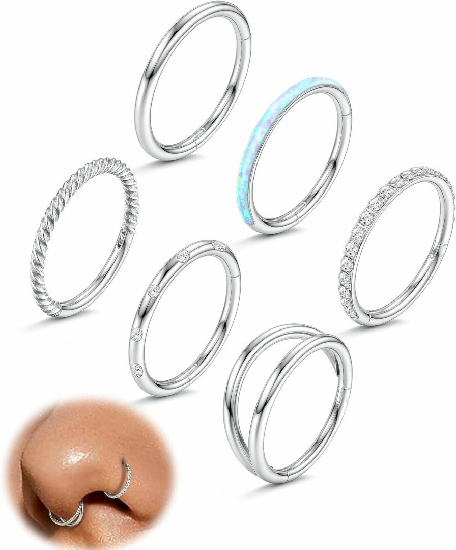 Besteel Besteel 18G Surgical Steel Nose Rings Hoop Small Opal Cz Clicker Hinged Septum Piercing Jewelry For Women Men Lip Helix Cartilage Conch Tragus Rook Daith Earrings Steel Gold-Tone 8Mm 10Mm | Body Piercing Rings