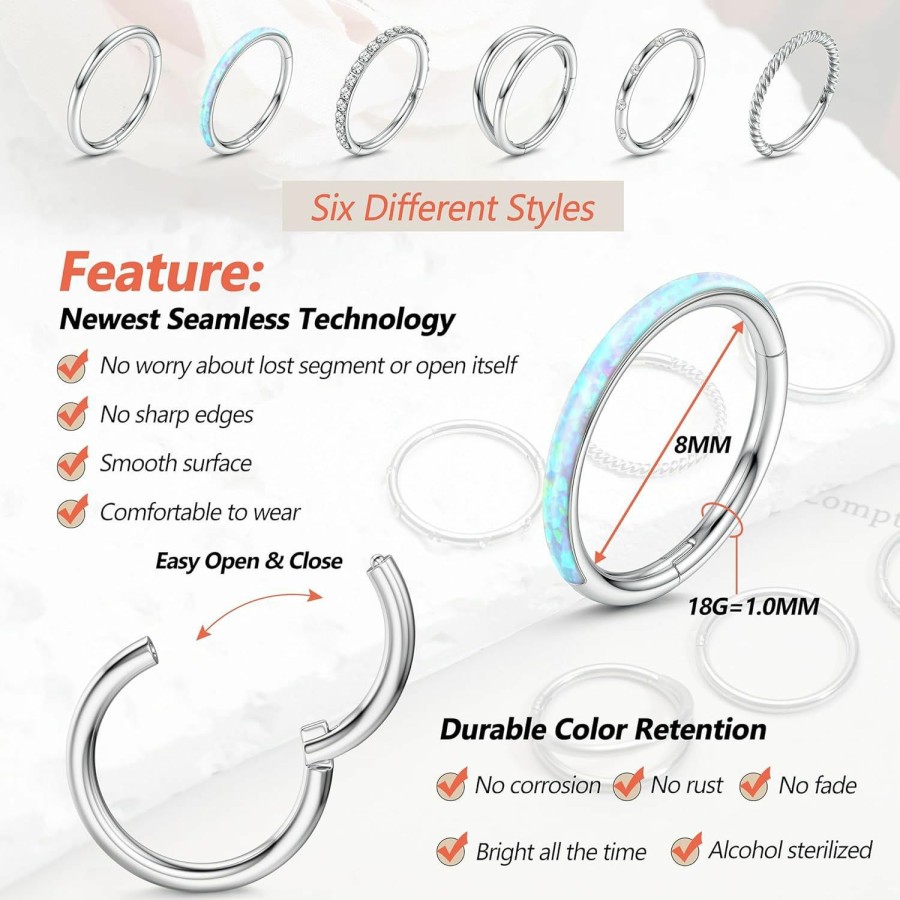 Besteel Besteel 18G Surgical Steel Nose Rings Hoop Small Opal Cz Clicker Hinged Septum Piercing Jewelry For Women Men Lip Helix Cartilage Conch Tragus Rook Daith Earrings Steel Gold-Tone 8Mm 10Mm | Body Piercing Rings