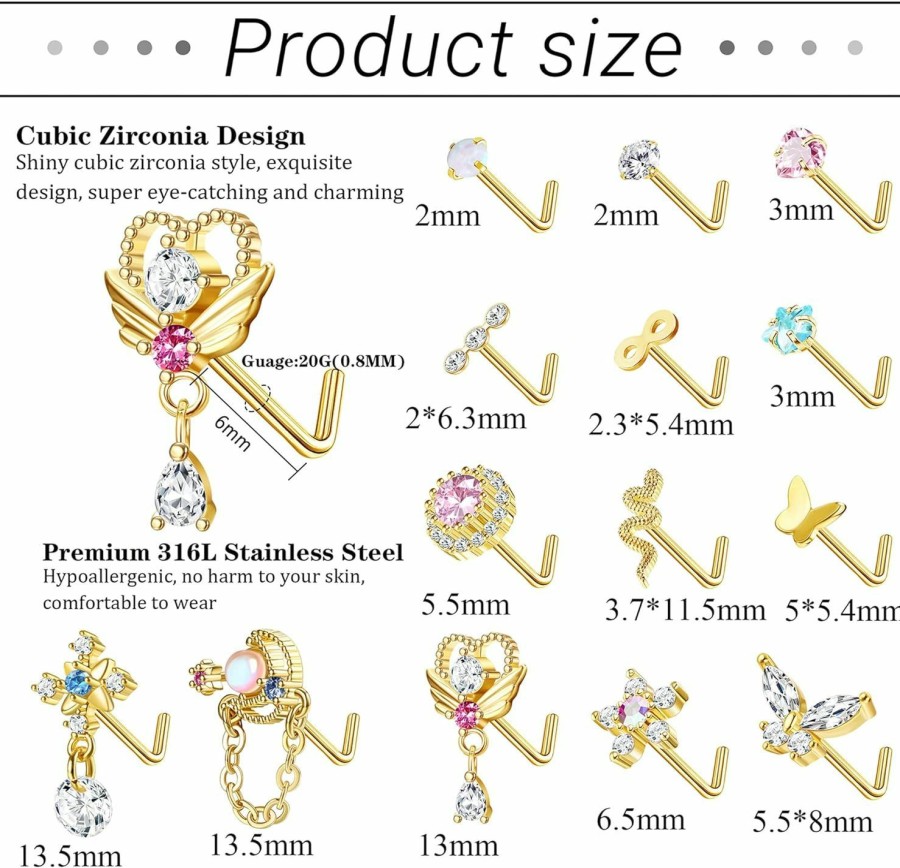 YADOCA Yadoca 14Pcs 20G Dangle Nose Rings L Shaped For Women Men Surgical Steel Dangling Nose Rings Studs Cz Butterfly Flower Heart Dangling Nose Studs Piercing Jewelry | Body Piercing Rings