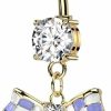 Pierced Owl Pierced Owl 14Ga 14Kt Gold Plated 316L Stainless Steel Cz Crystal Purple And White Checkered Ribbon Dangling Belly Button Ring | Body Piercing Rings