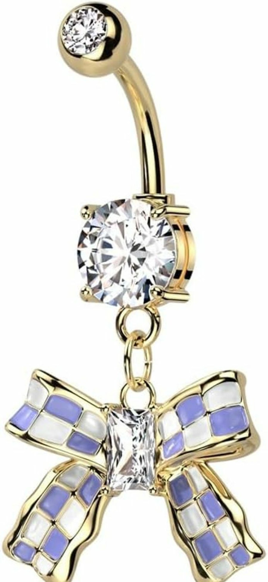 Pierced Owl Pierced Owl 14Ga 14Kt Gold Plated 316L Stainless Steel Cz Crystal Purple And White Checkered Ribbon Dangling Belly Button Ring | Body Piercing Rings