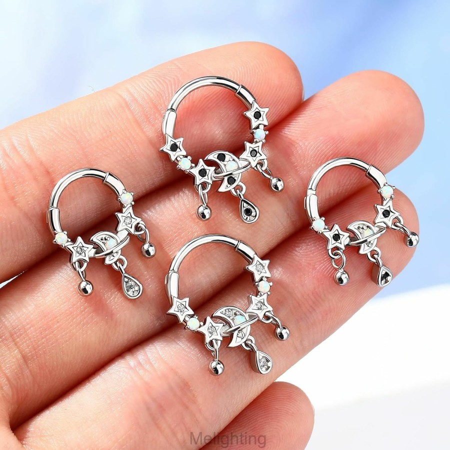 Melighting Melighting 16G Septum Ring Opal Septum Jewelry Stainless Steel 316L Dangle Star Daith Piercing Jewelry Clear Cz Cartilage Earring For Women | Body Piercing Rings