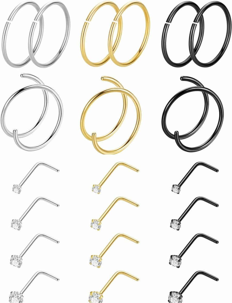 Vegolita Vegolita 21Pcs 18G 20G 22G 316L Stainless Steel Nose Rings Hoop For Women Men Double Nose Ring Cz Nose Stud Piercing Jewelry | Body Piercing Rings