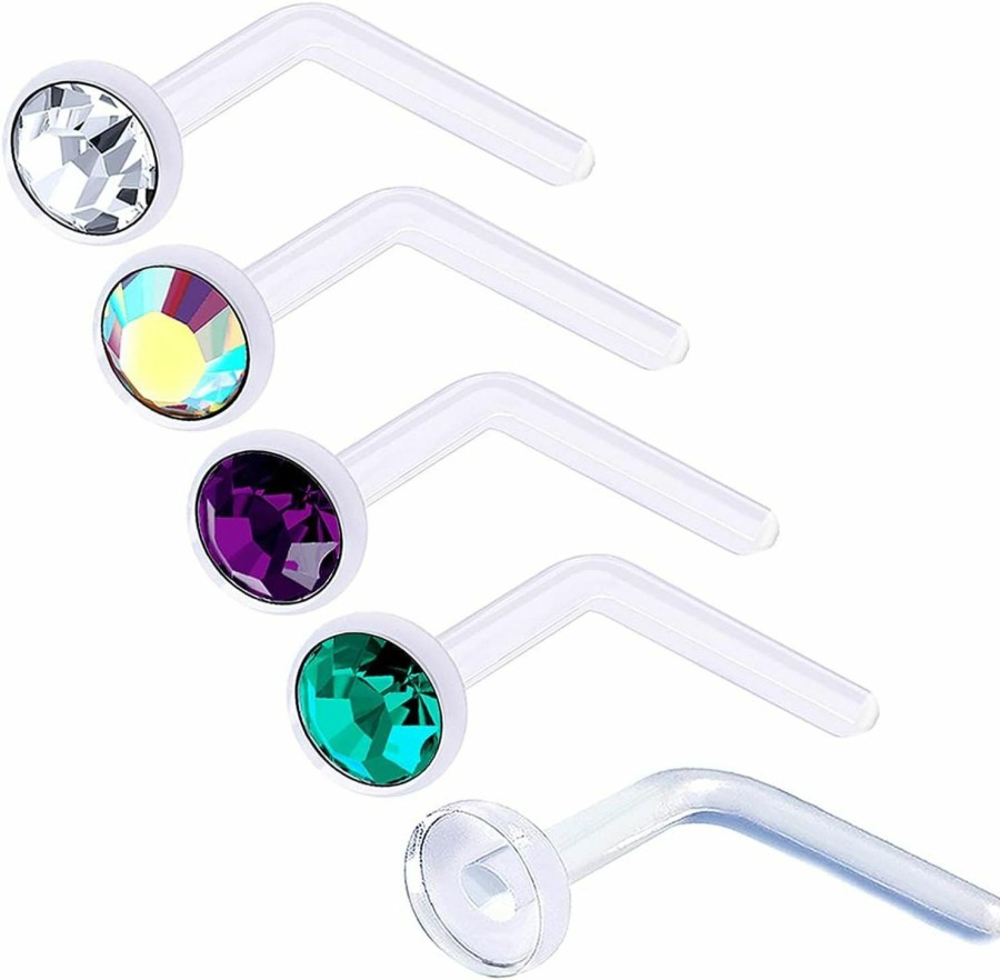 bodyjewellery Bodyjewellery 5Pcs 20G 0.8Mm Nose Rings L Shaped Bioflex Clear Flexible Nostril Piercing Jewelry 2.5Mm Crystal | Body Piercing Rings