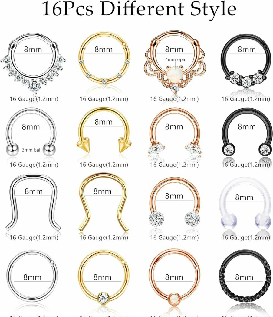 Drperfect Drperfect 16Pcs 16G Septum Ring Hoop Nose Ring Septum Hinged Clicker Ring Horseshoe 316L Stainless Steel Cz Opal Cartilage Earrings Hoop Helix Tragus Daith Earrings Septum Piercing Jewelry | Body Piercing Rings