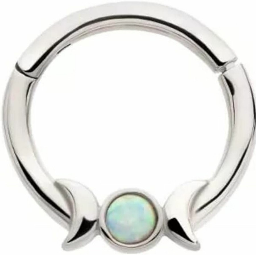 Pierced Owl Pierced Owl 16Ga 316L Stainless Steel Triple Moon Phase With White Synthetic Opal Center Hinged Segment Ring | Body Piercing Rings