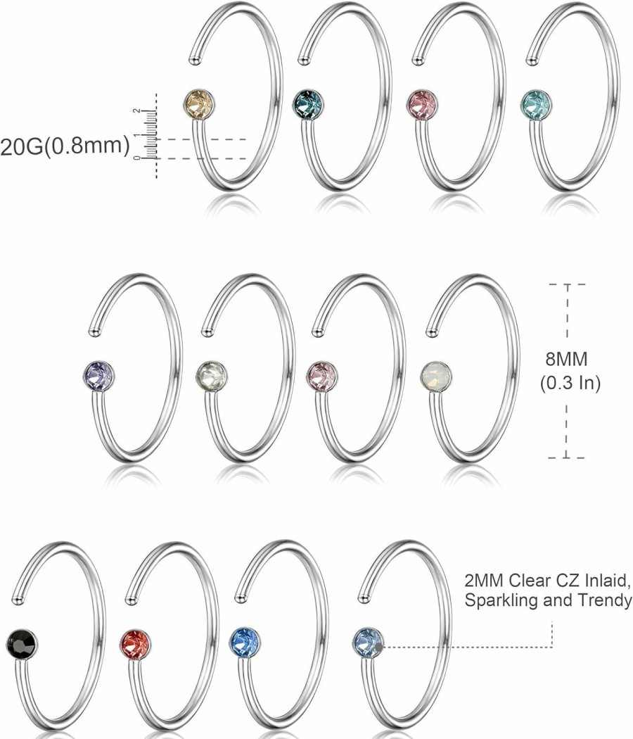 ORAZIO Orazio 5-12Pcs 20G Stainless Steel Nose Ring Hoop Cz Body Ear Piercing 5 Mixed Colors | Body Piercing Rings